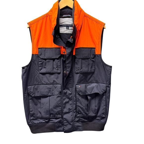Tommy Hilfiger Jacket Mens Medium Vest Blue Orange Hidden Hood Coastal Nautical - Picture 1 of 9